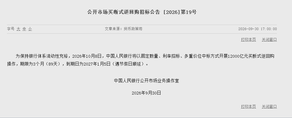 央行：将于10月8日开展12000亿元买断式逆回购操作