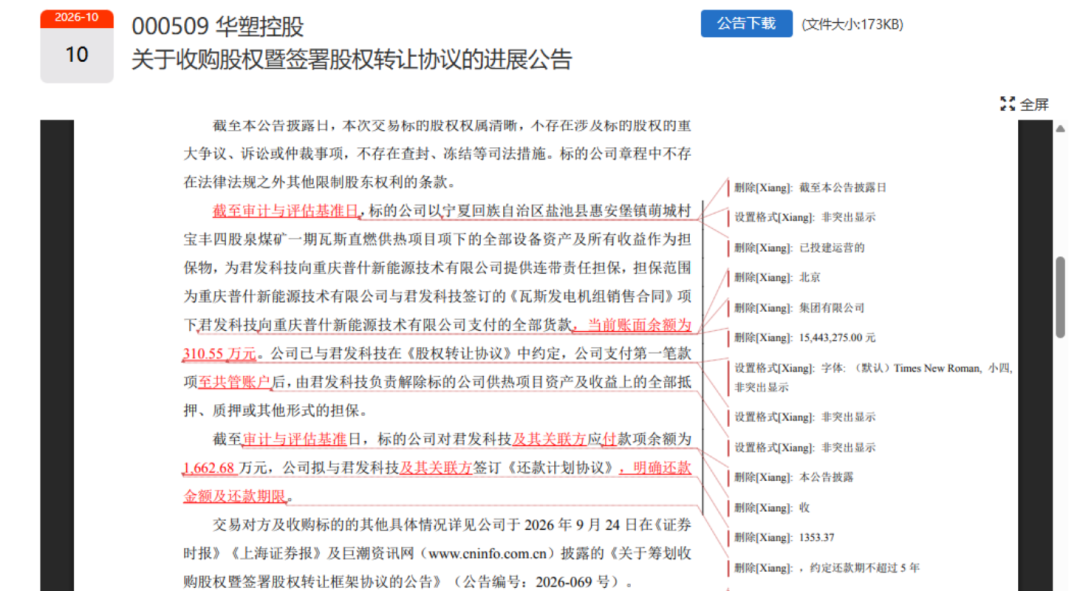 公告带着“修订痕迹”发布	，000509澄清并致歉